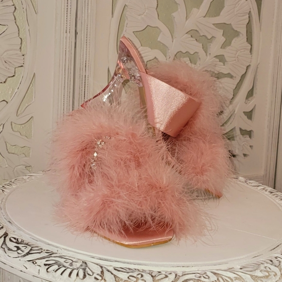 LADY HELENA" Blush Feather Crystal Satin Clear Heel Mules - Picture 7 of 7